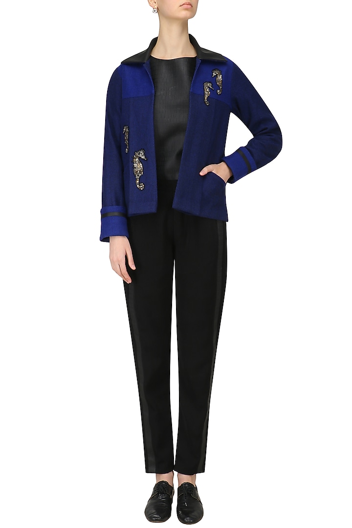 Navy blue sea horse embellished jacket available only at Pernia's Pop Up Shop.