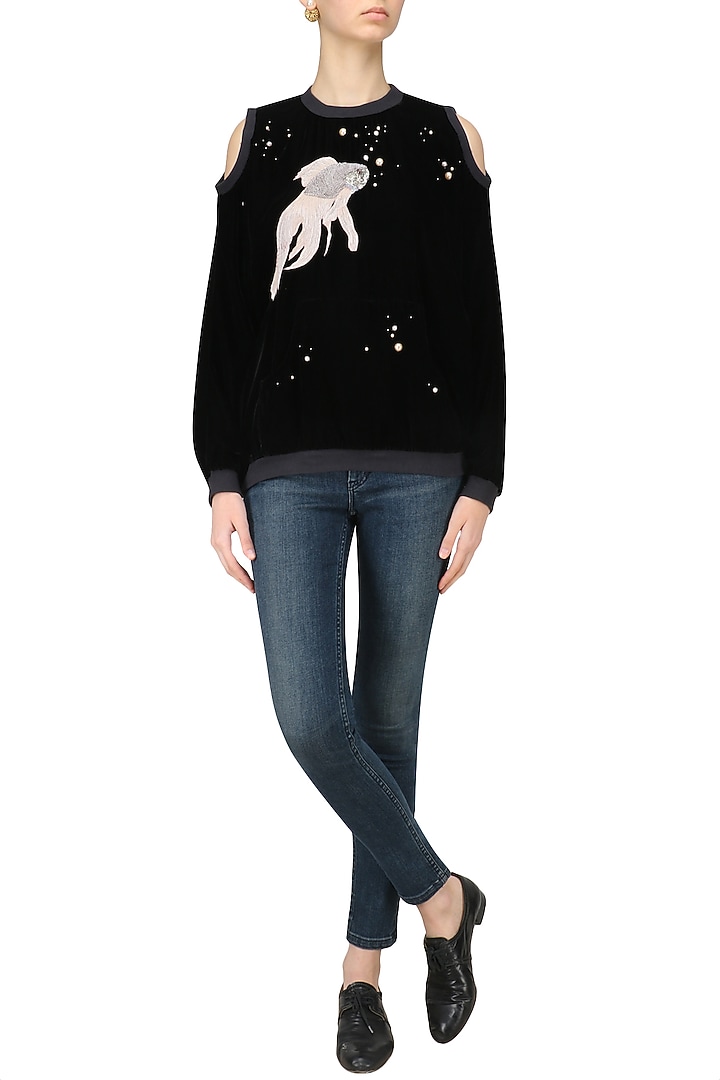 Black cut out shoulder embellished jacket available only at Pernia's Pop Up Shop.