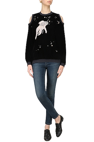 Black Cut Out Shoulder Embellished Jacket by Kukoon