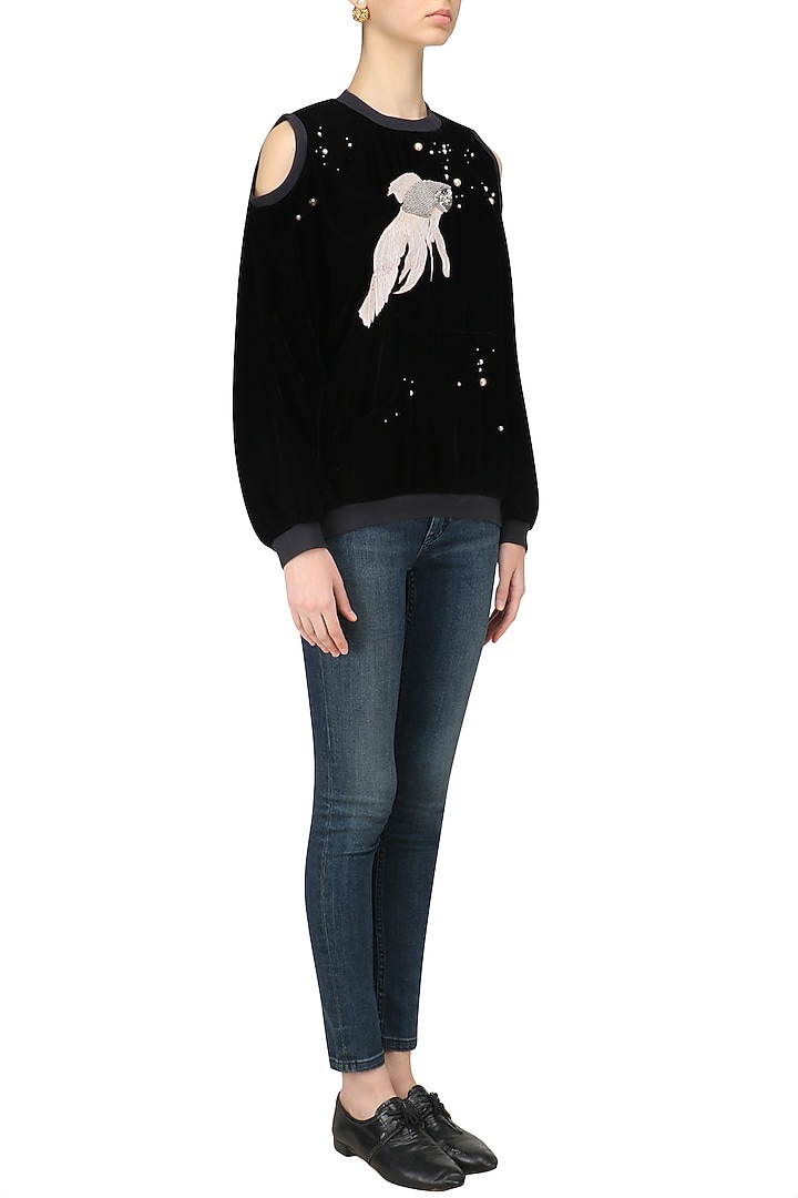 Black cut out shoulder embellished jacket available only at Pernia's Pop Up Shop.