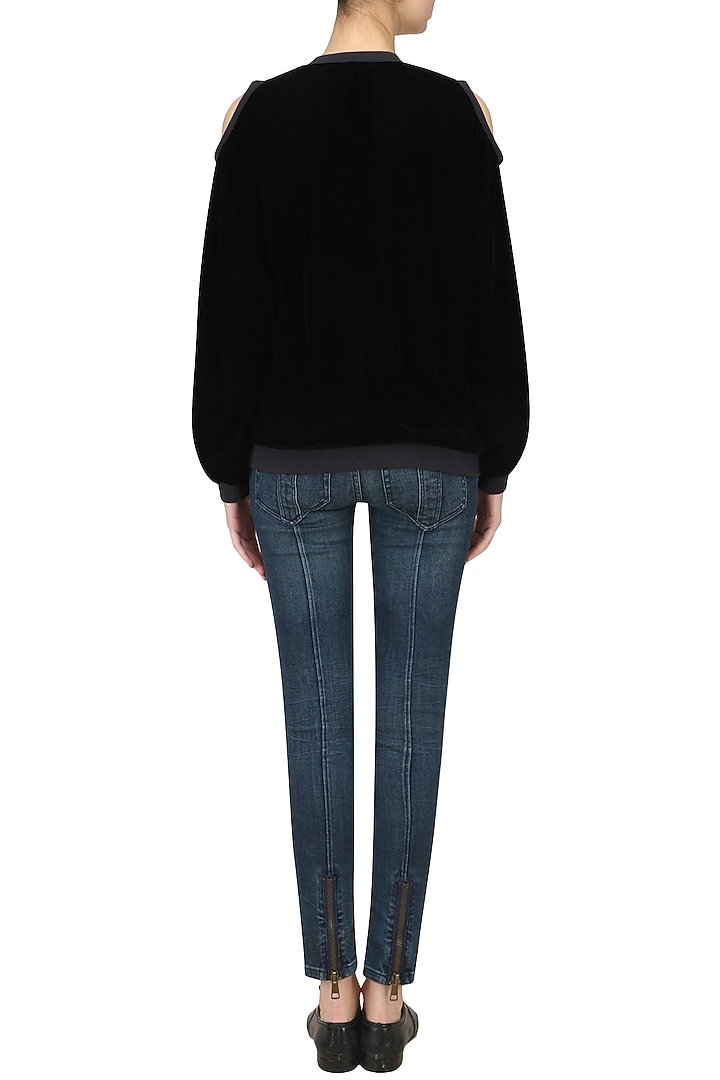 Black cut out shoulder embellished jacket available only at Pernia's Pop Up Shop.