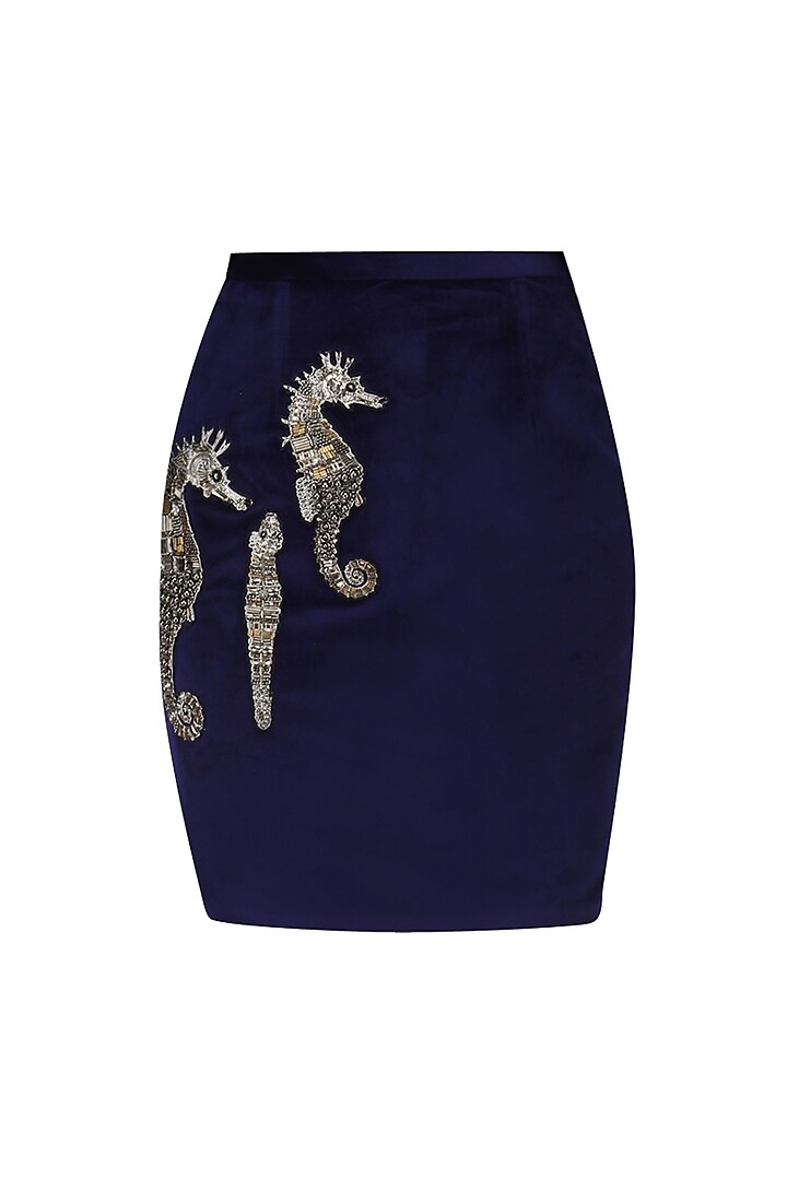 Navy Blue Sea Horse Embellished Skirt by Kukoon