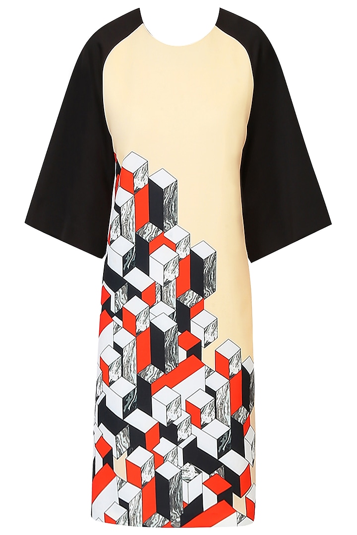 Yellowish Beige 3D Cube Print Shift Dress by Kukoon