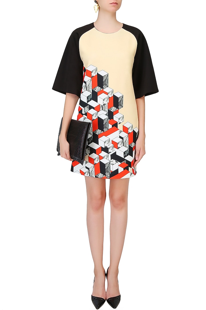 Yellowish beige 3D cube print shift dress available only at Pernia's Pop Up Shop.