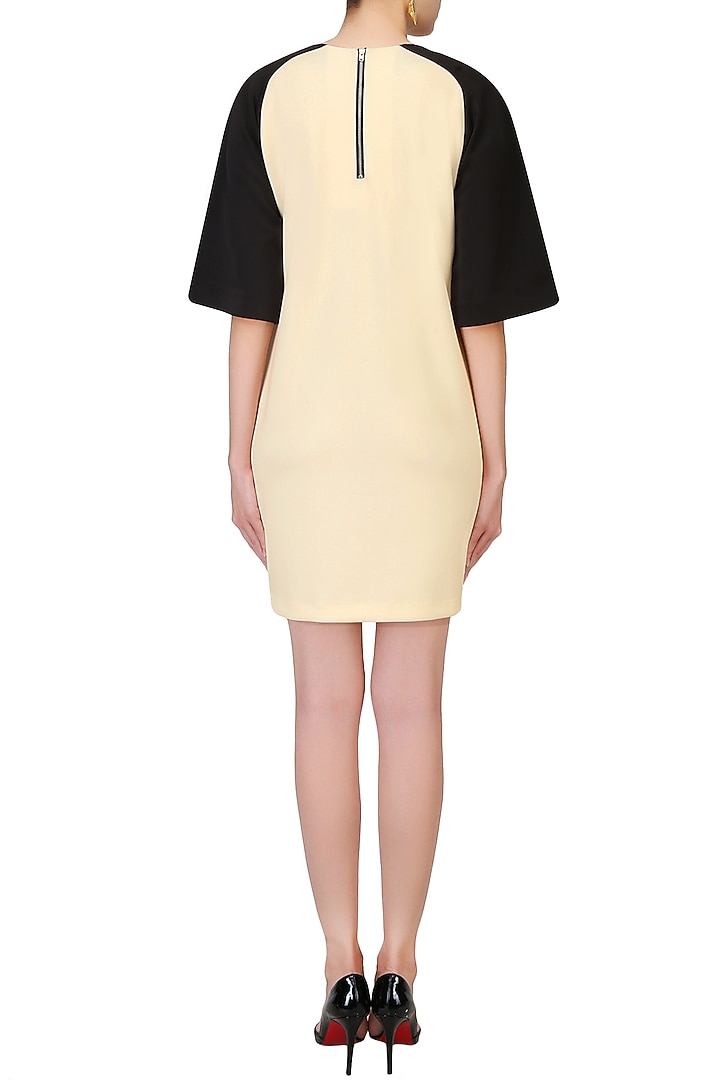 Yellowish beige 3D cube print shift dress available only at Pernia's Pop Up Shop.