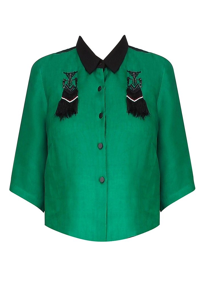 Black And Emerald Green Fringed Robot Motif Shirt by Kukoon