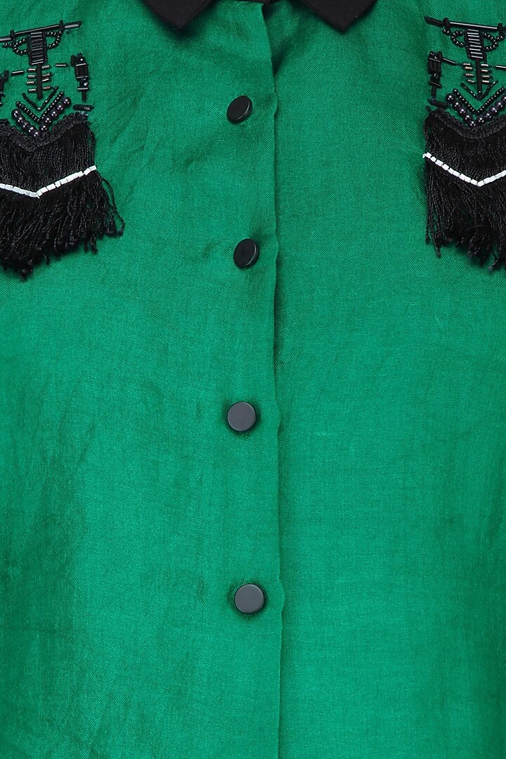 Black and emerald green fringed robot motif shirt available only at Pernia's Pop Up Shop.