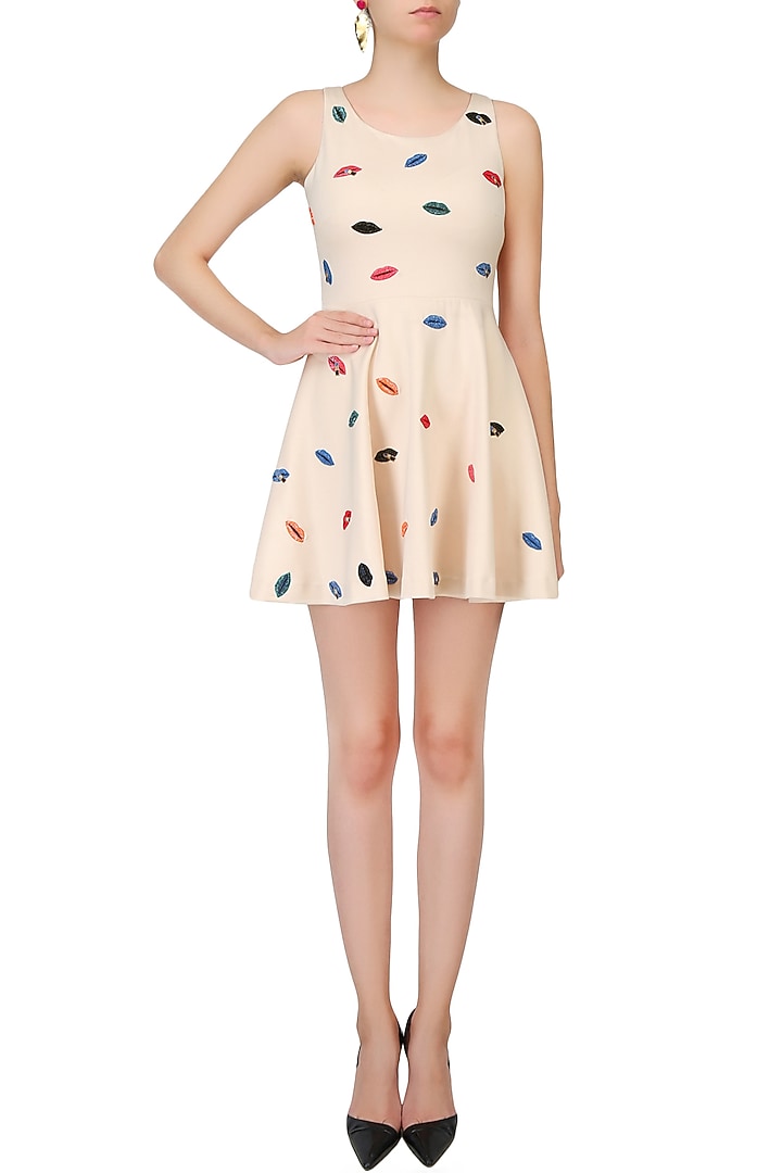Buttermilk beige sweet lips embroidered skater dress available only at Pernia's Pop Up Shop.