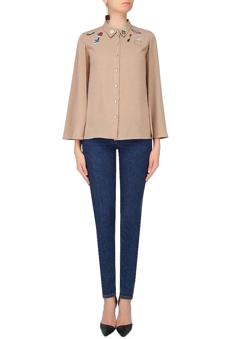 Sepia multiple elements embroidered cape shirt available only at Pernia's Pop Up Shop.