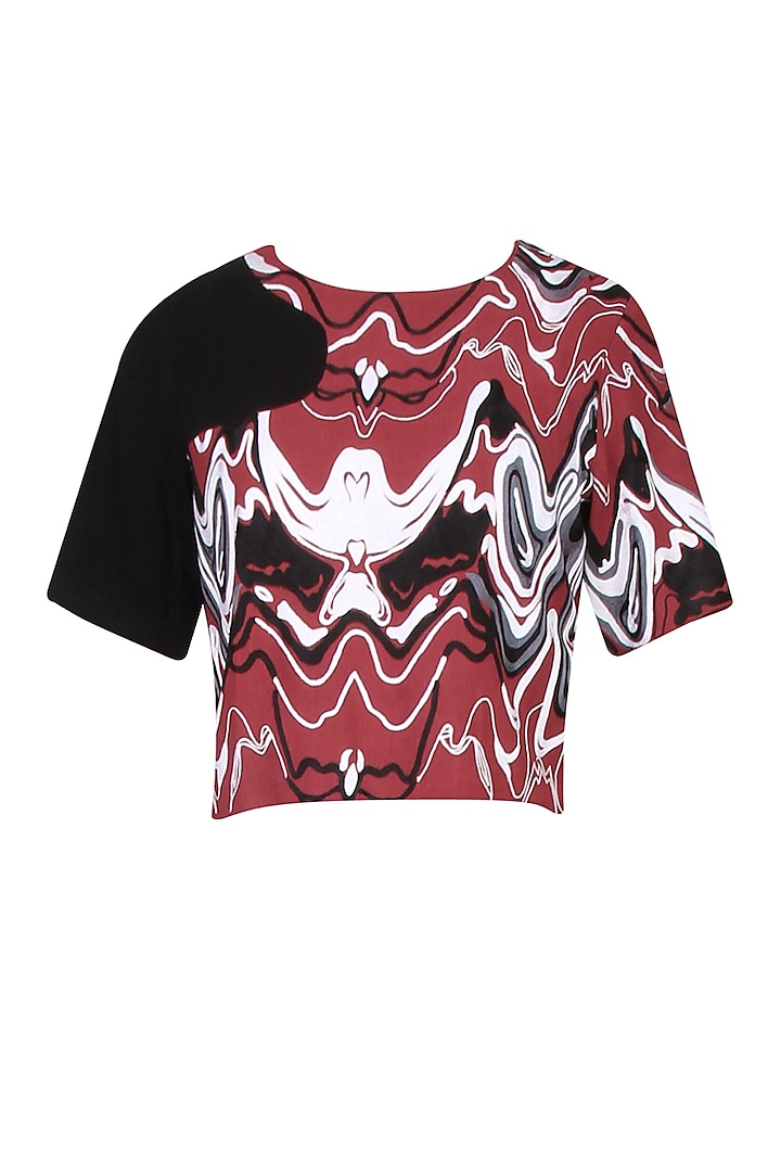 Maroon Waves Pettern Embroidered Crop Top by Kukoon
