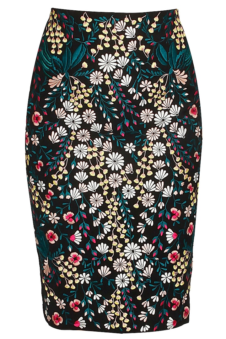 Black floral embroidered pencil skirt by kukoon
