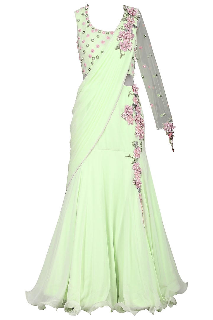 Green Embroidered Saree Gown by Kushal's