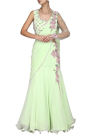 Green Embroidered Saree Gown by Kushal's