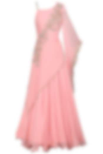 Pink Embroidered Draped Gown by Kushal's