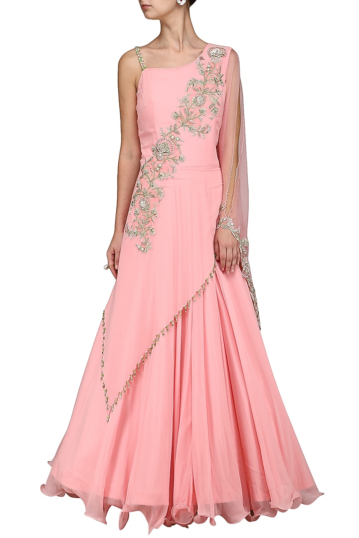 Pink embroidered draped gown available only at Pernia's Pop Up Shop.