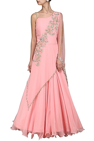 Pink Embroidered Draped Gown by Kushal's