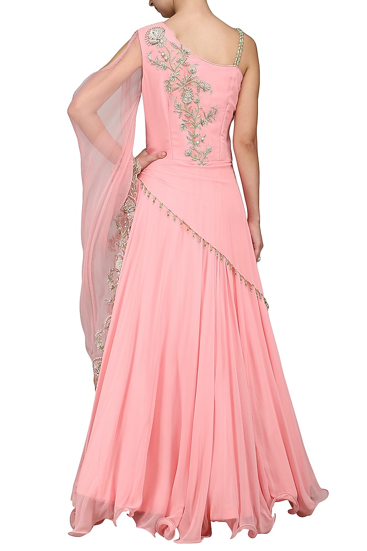 Pink embroidered draped gown available only at Pernia's Pop Up Shop.