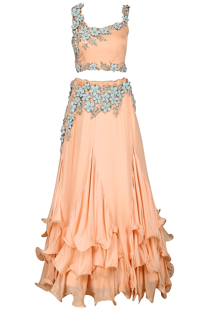 Peach Layered Lehenga Set by Kushal's