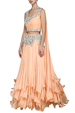 Peach Layered Lehenga Set by Kushal's