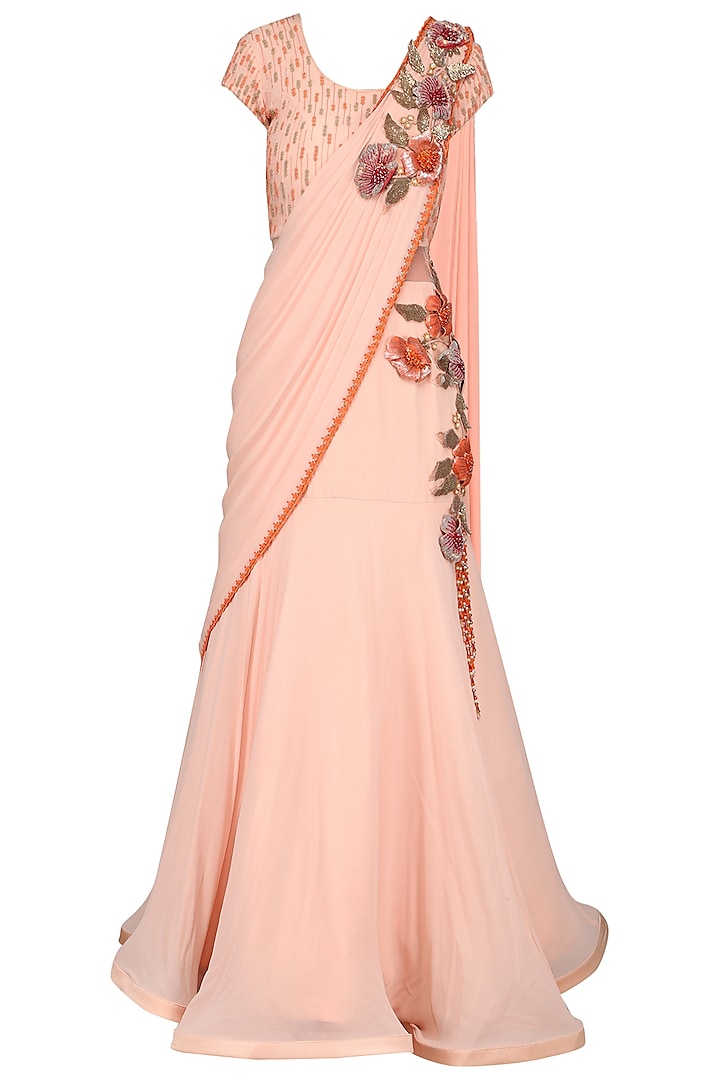 Peach Embroidered Saree Gown by Kushal's