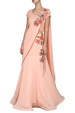 Peach Embroidered Saree Gown by Kushal's