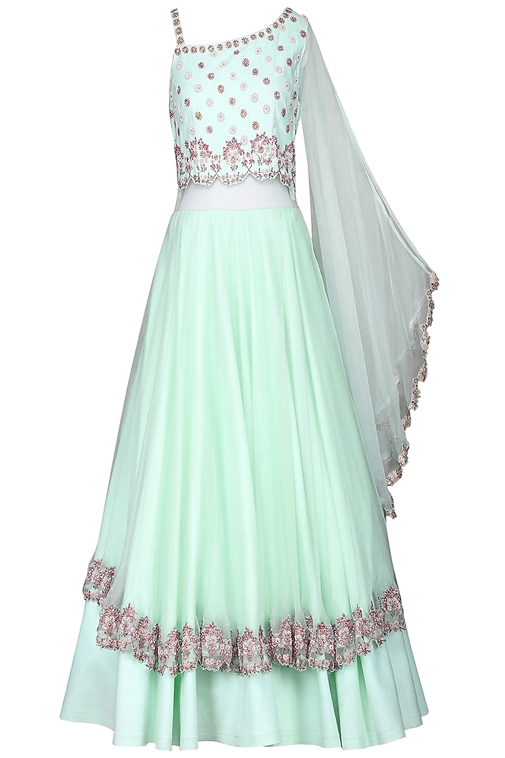 Aqua Hand Embroidered Gown by Kushal's