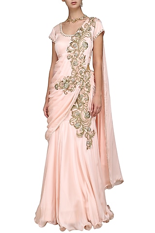 Peach Embroidered Draped Lehenga Set by Kushal's
