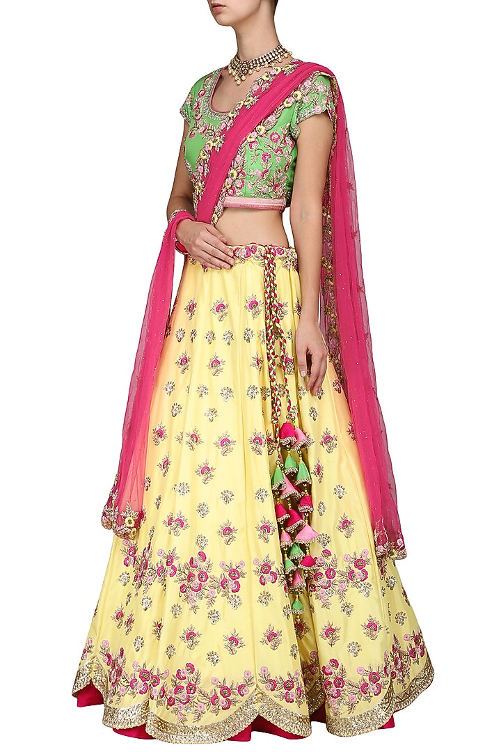 Yellow and green embroidered lehenga set available only at Pernia's Pop Up Shop.