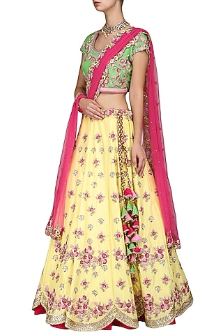 Yellow and Green Embroidered Lehenga Set by Kushal's