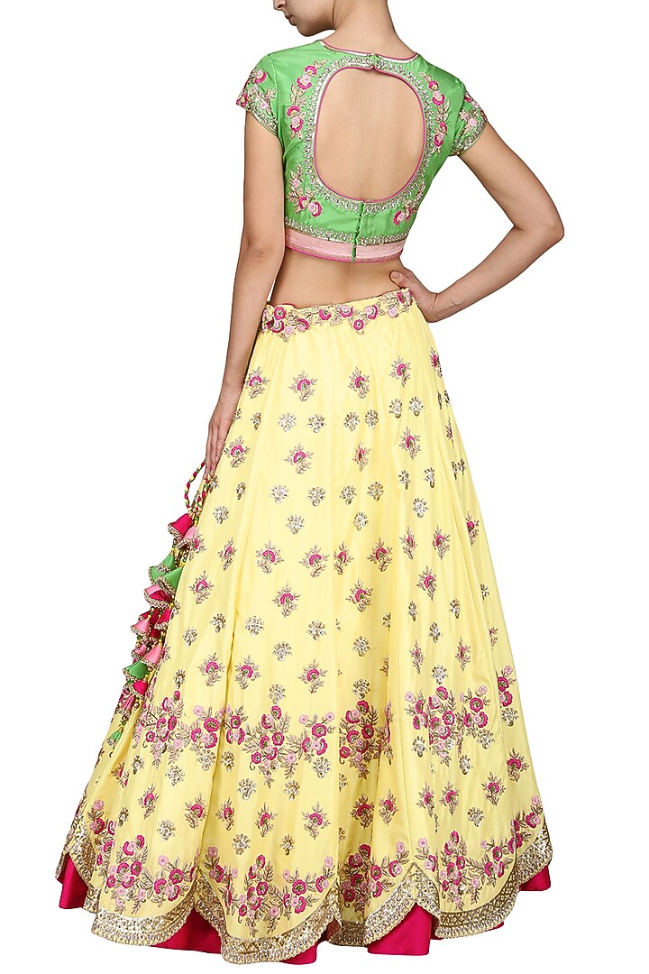 Yellow and green embroidered lehenga set available only at Pernia's Pop Up Shop.