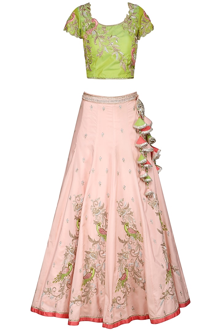 Peach and Green Embroidered Lehenga Set by Kushal's