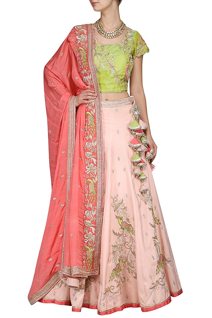 Baby pink and green embroidered lehenga set available only at Pernia's Pop Up Shop.