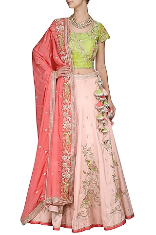 Peach and Green Embroidered Lehenga Set by Kushal's
