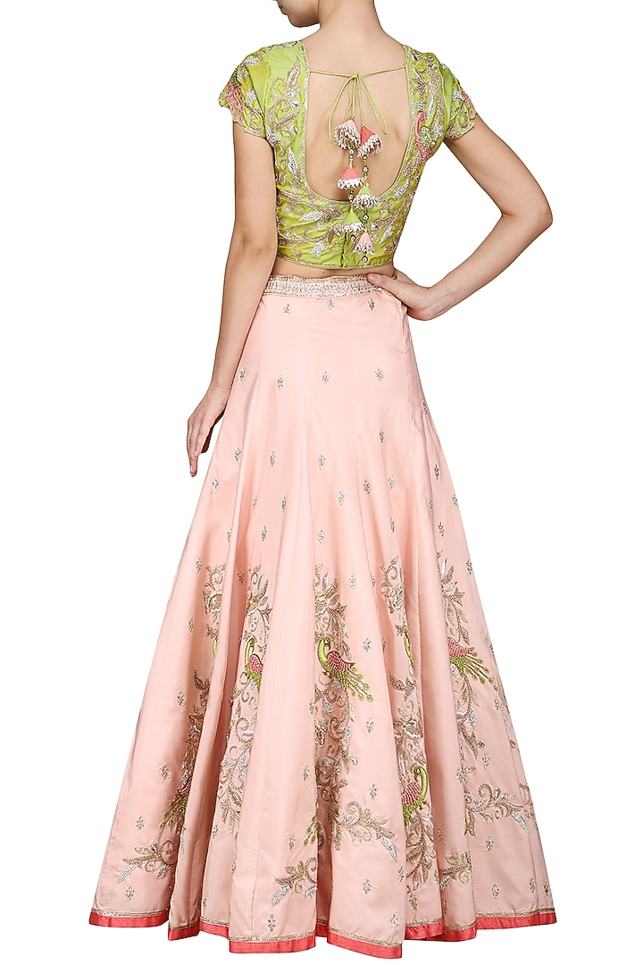 Baby pink and green embroidered lehenga set available only at Pernia's Pop Up Shop.