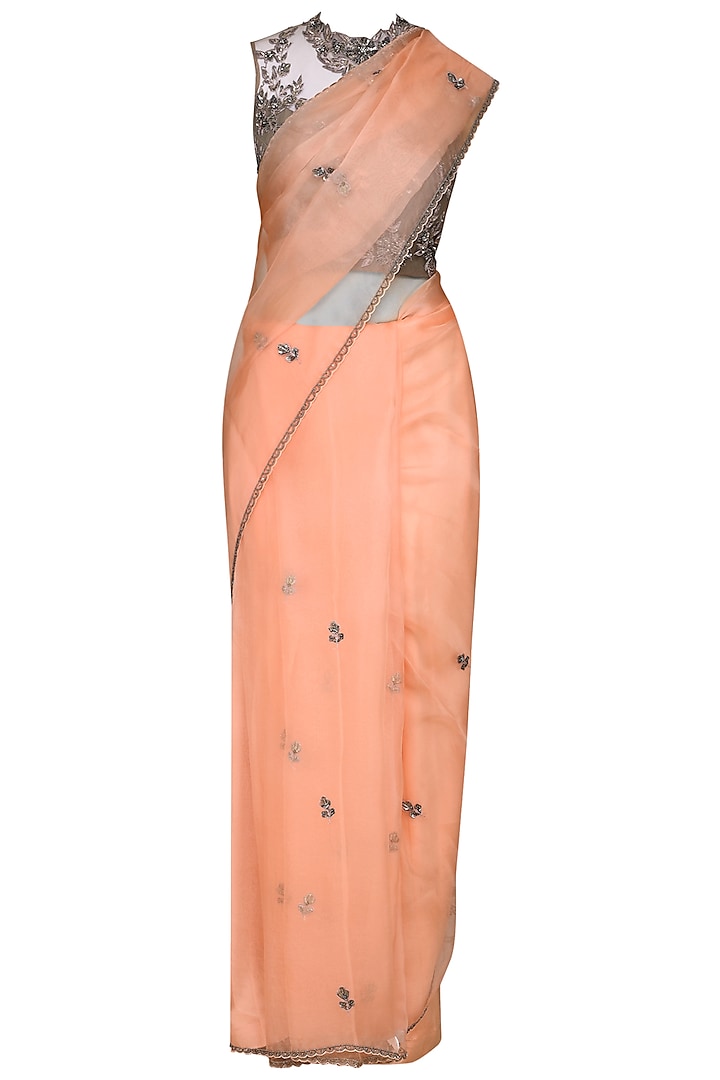 Dark Peach and Grey Embroidered Saree by Kushal's