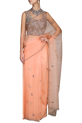 Dark Peach and Grey Embroidered Saree by Kushal's