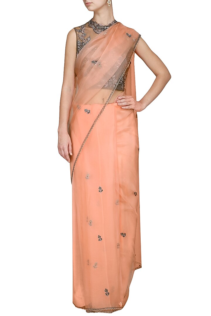 Dark peach and grey embroidered saree available only at Pernia's Pop Up Shop.