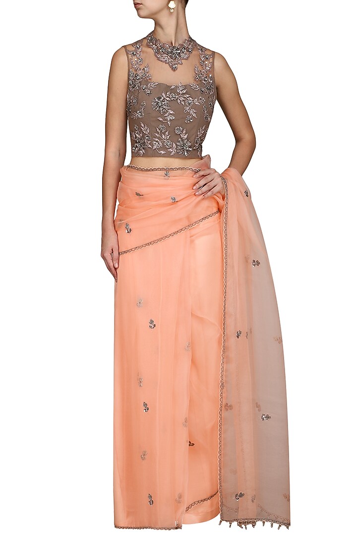 Dark peach and grey embroidered saree available only at Pernia's Pop Up Shop.