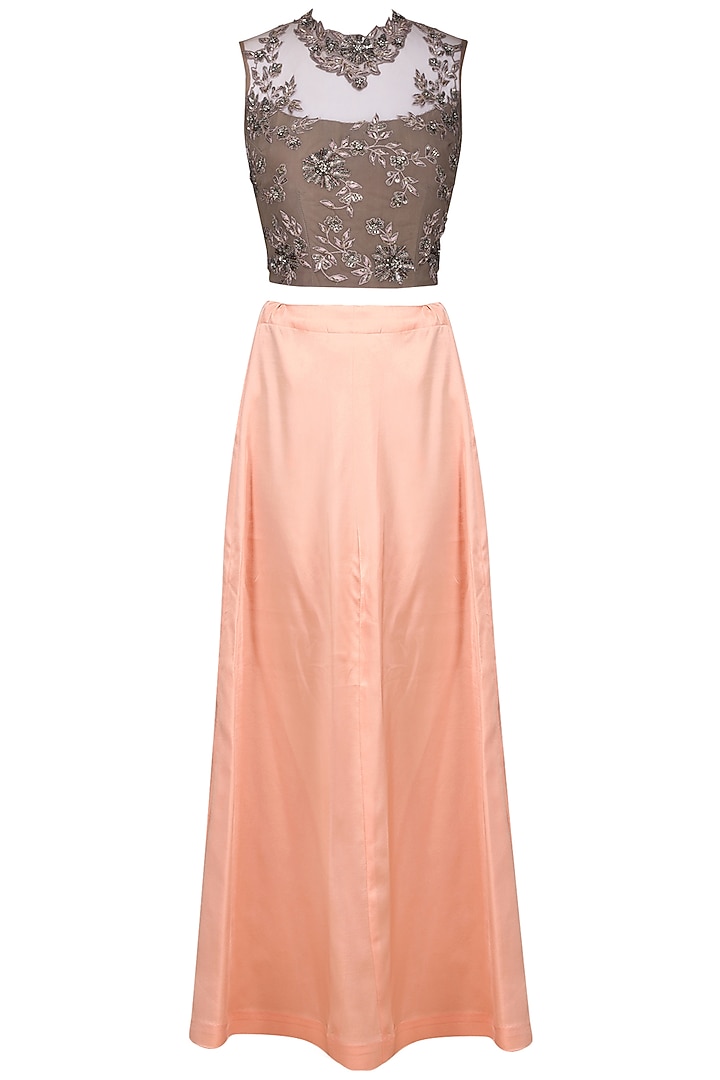 Dark peach and grey embroidered saree available only at Pernia's Pop Up Shop.
