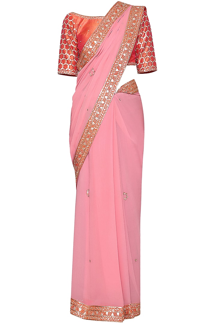 Pink embroidered saree set available only at Pernia's Pop Up Shop.