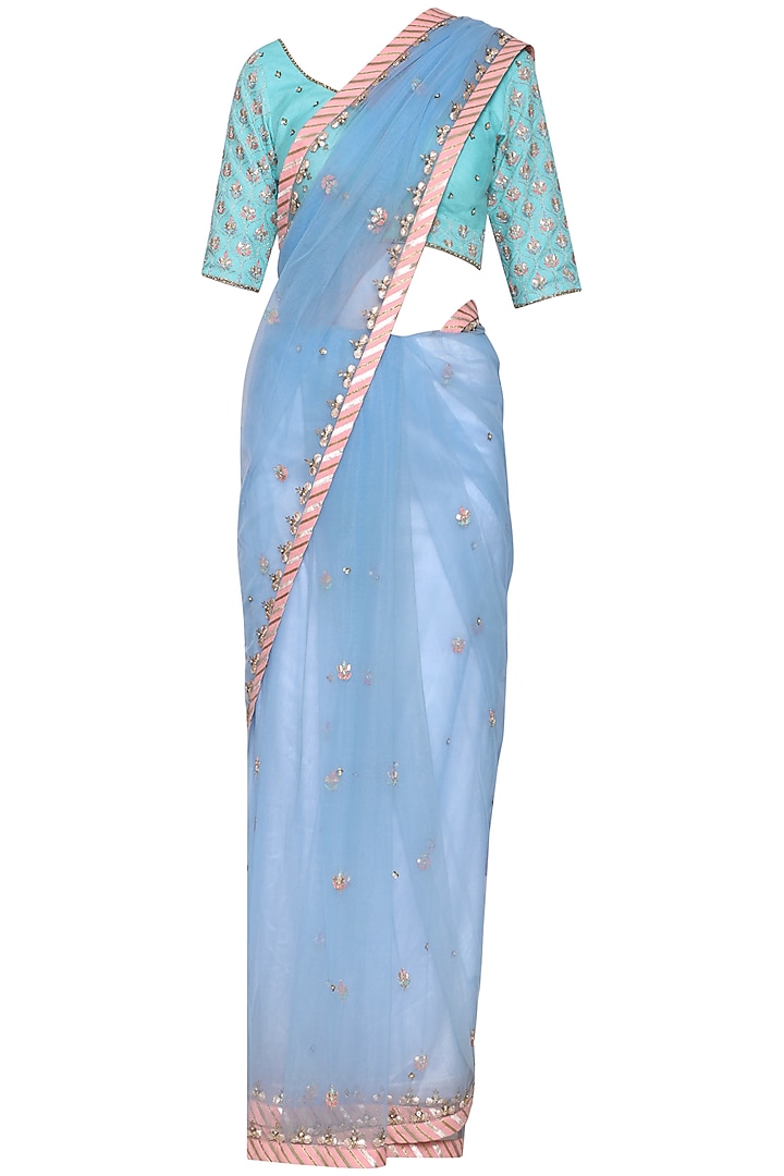 Periwinkle Blue Net Thread & Gota Patti Embroidered Saree Set by Kudi Pataka Designs