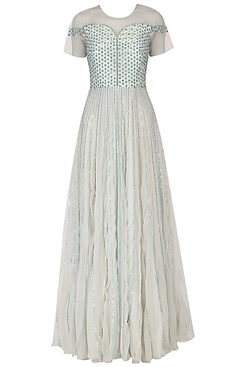 Light greenish grey embroidered layered gown available only at Pernia's ...