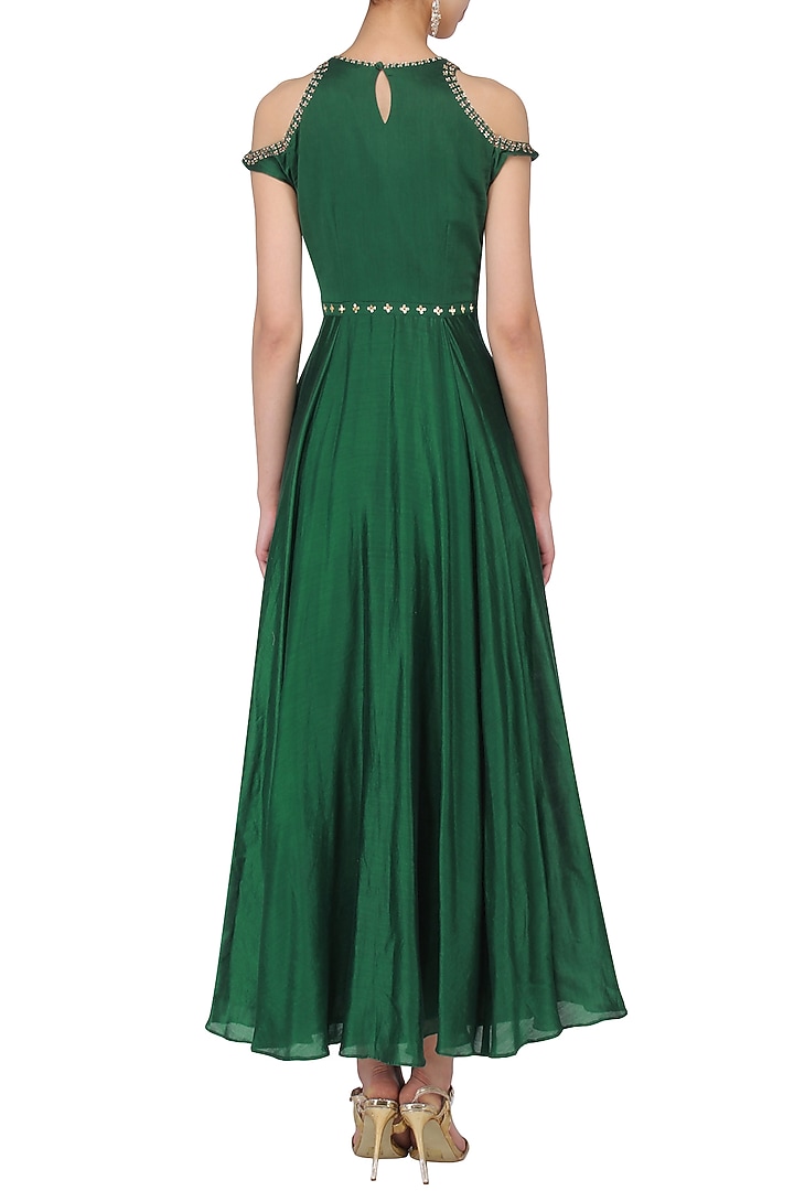 Dark green embroidered cold shoulder maxi gown available only at Pernia's  Pop Up Shop. 2026