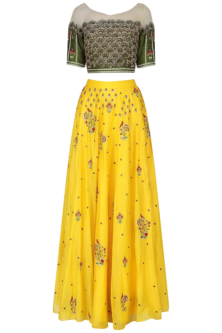 Yellow and olive green embroidered lehenga set by Kudi Pataka Designs