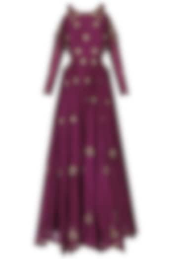 Wine embroidered cold shoulder gown by Kudi Pataka Designs