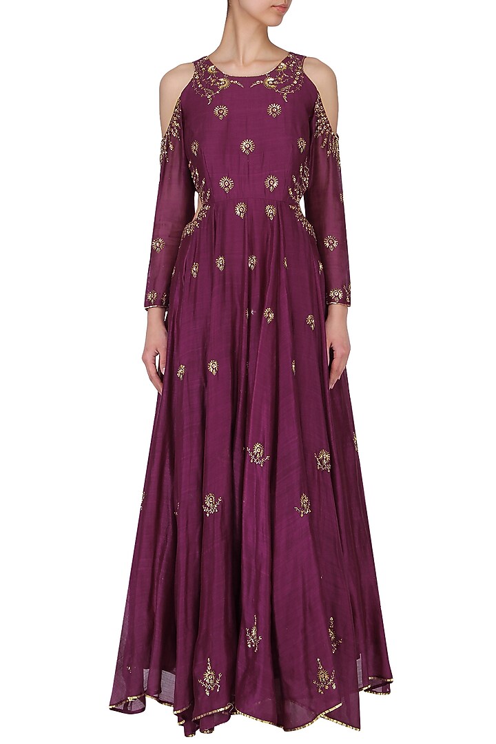 Wine embroidered cold shoulder gown available only at Pernia's Pop Up Shop.