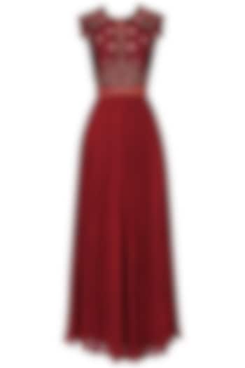 Maroon embroidered pleated gown by Kudi Pataka Designs