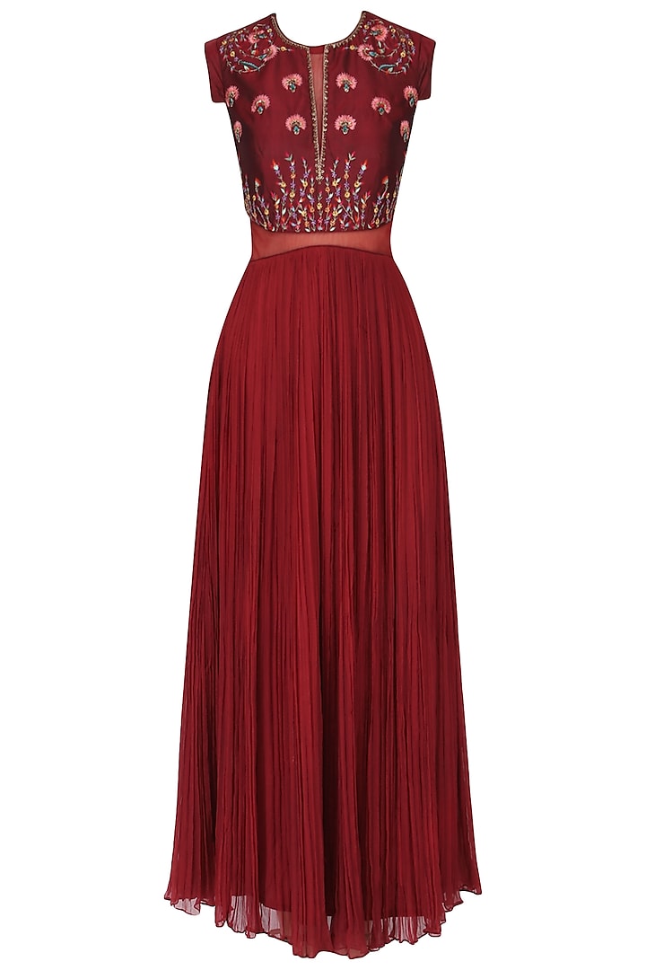 Maroon embroidered pleated gown by Kudi Pataka Designs
