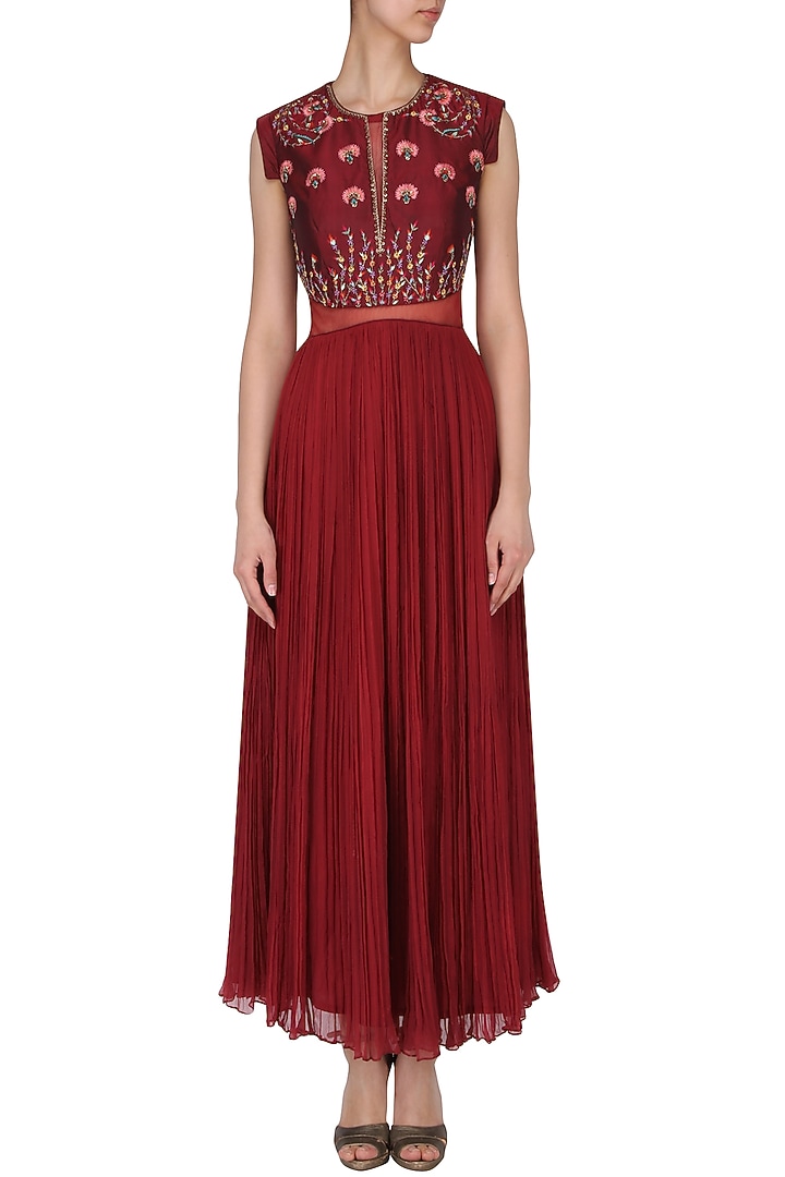 Maroon embroidered pleated gown available only at Pernia's Pop Up Shop.