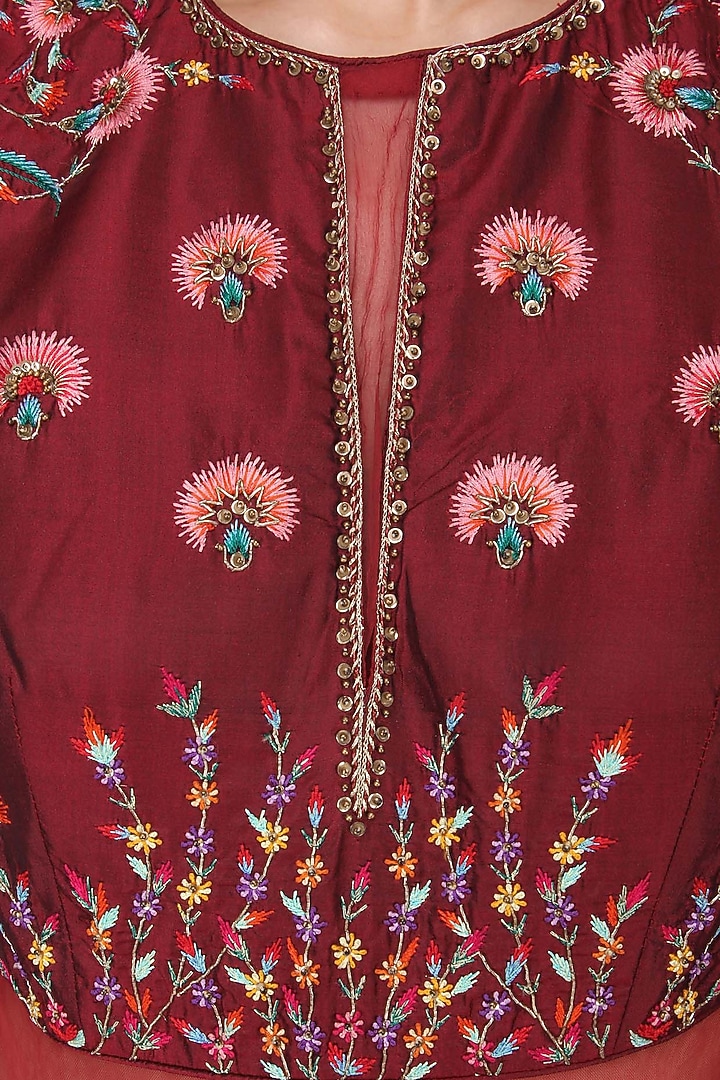 Maroon embroidered pleated gown available only at Pernia's Pop Up Shop.